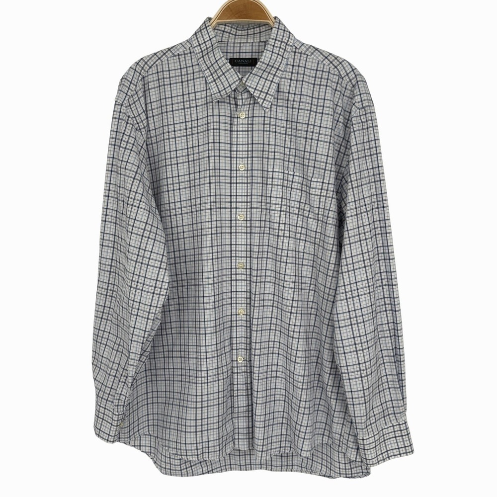 Canali Plaid Button Down Shirt Size XL Blue White Cotton Italian Luxury Office
